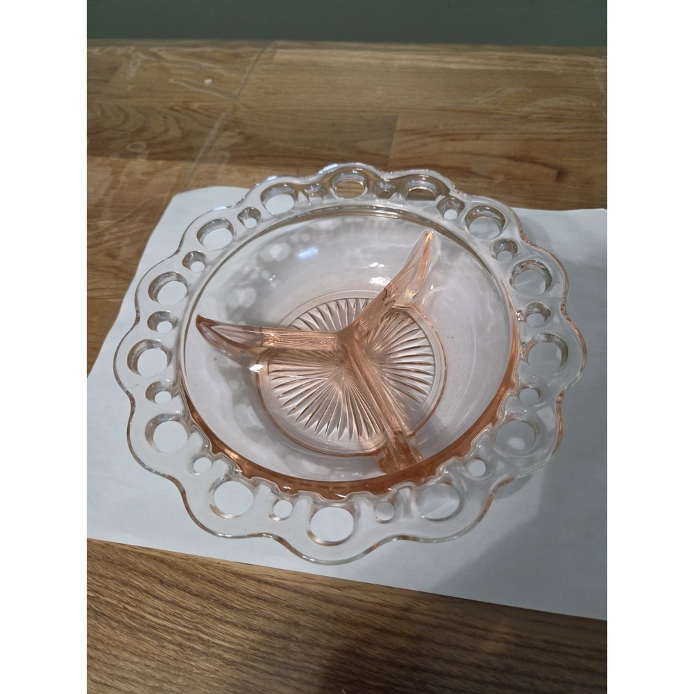 Vintage Pink Depression Glass 7 1/2" Divided Candy Nut Relish Jewelry Dish Bowl